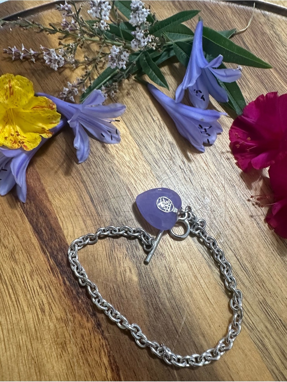 Sterling Silver 925 Chain Bracelet with Purple Charm 7 1/2”